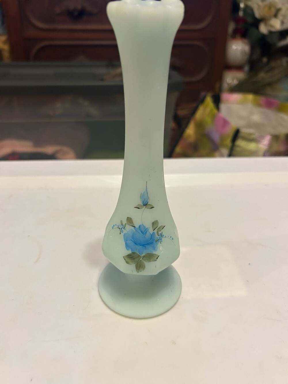 Fenton Satin Blue Green Hand Painted Vase Flowers & Signed by Kim L
